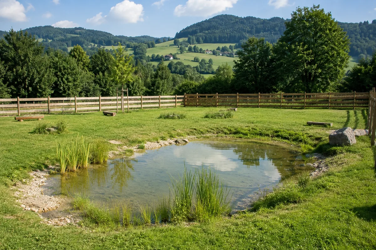Fenced meadow with a small pond in front of wooded hills