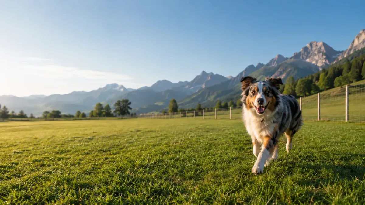 Happy dog running across a fully fenced dog field in the Swiss Pre-Alps