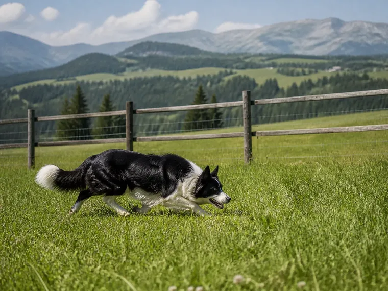 Border Collie running across a fenced field, with wooded hills and mountain views in the background