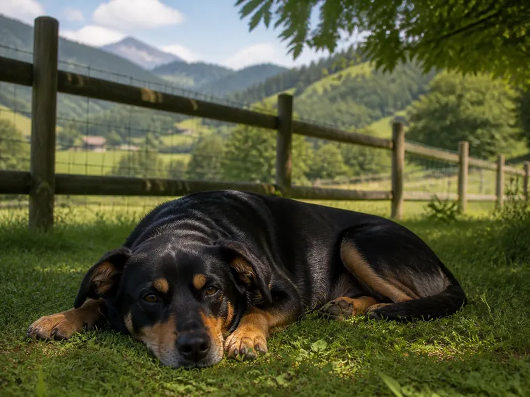Black-and-brown dog lying relaxed in the shade of a tree by a wooden fence, with green hills behind