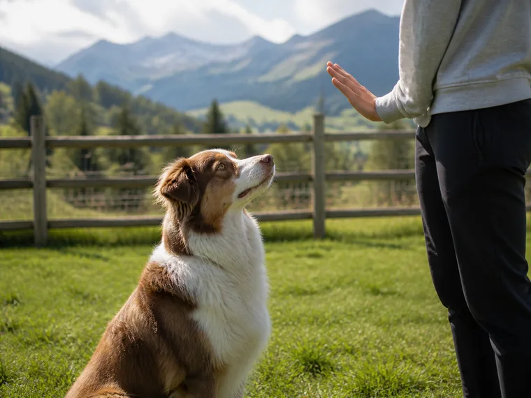 Australian Shepherd sitting on a fenced field and looking attentively at its owner's raised hand, with mountains behind