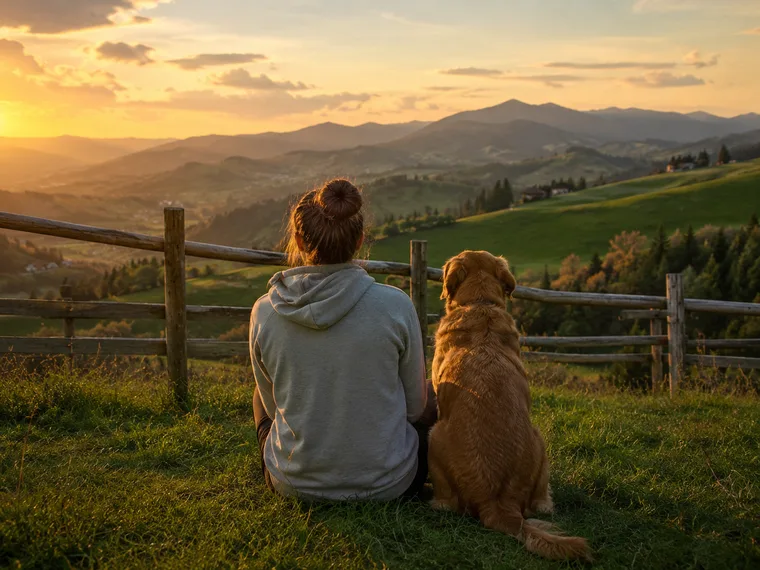 Woman sitting with her dog by the wooden fence of a field, looking over a hilly Pre-Alpine landscape at sunset