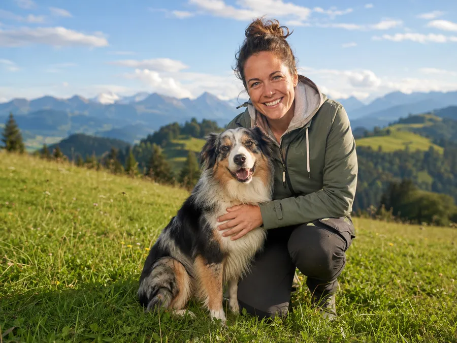 Lena kniet lachend neben ihrer Hündin Nala auf einer sonnigen Wiese