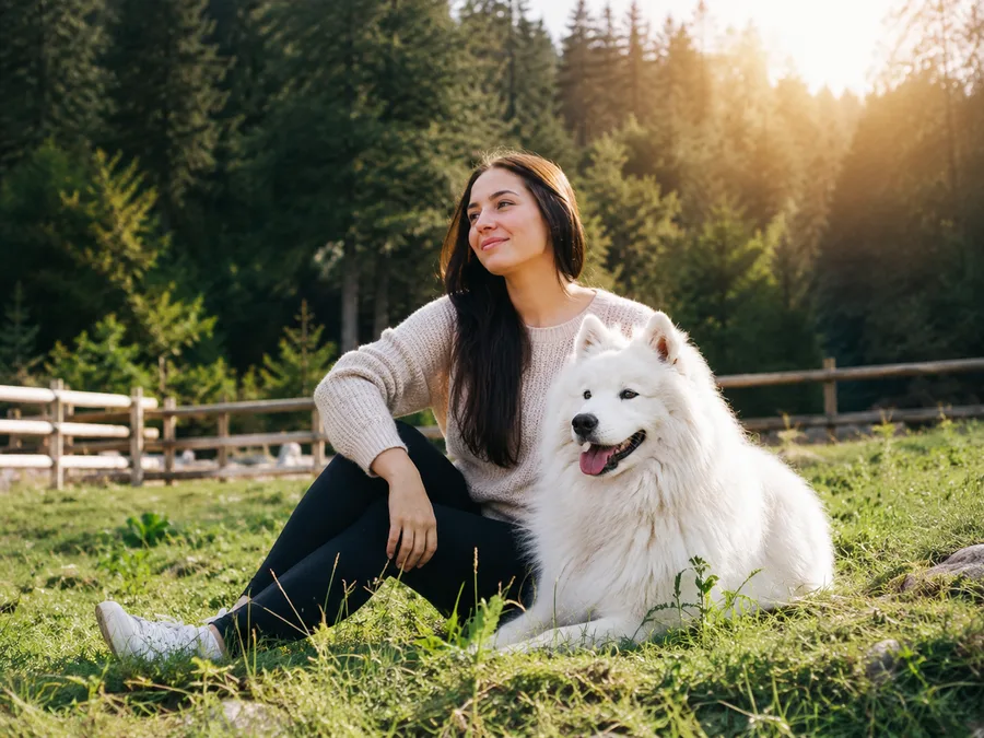 Sara sitzt mit ihrem Hund Yuki auf einer Waldlichtung und blickt in die Ferne