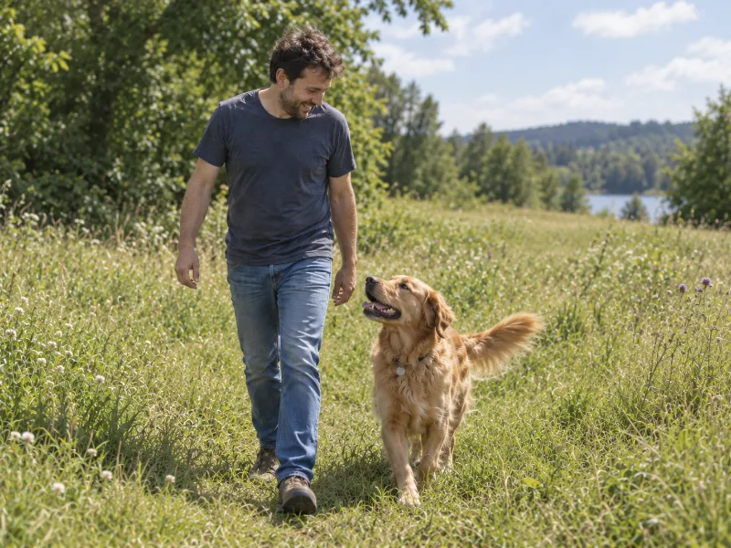 Marco spielt mit seinem Hund Baloo auf einem Trainingsplatz