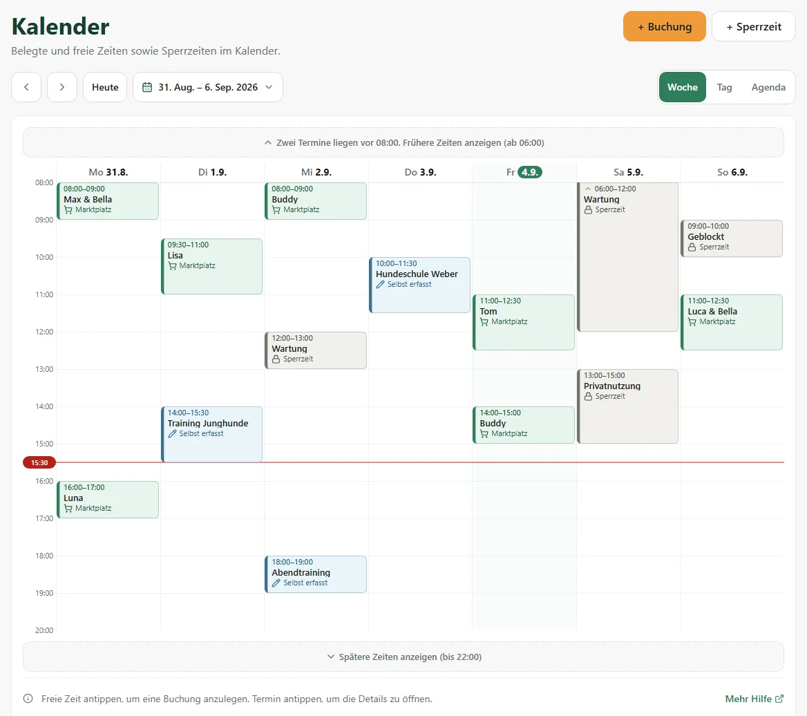 Wochenkalender mit Terminen, Kursen und Sperrzeiten